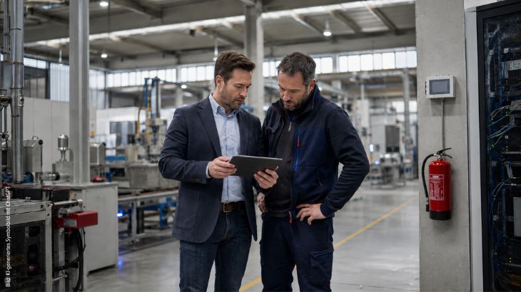 Zwei Mitarbeiter überprüfen in einer modernen Produktionsumgebung technische und organisatorische Schutzmaßnahmen. Das Motiv steht für Prävention, Dokumentation und betriebliches Risikomanagement als wichtige Grundlage für den Schutz eines Unternehmens. KI-generiertes Symbolbild mit ChatGPT.
